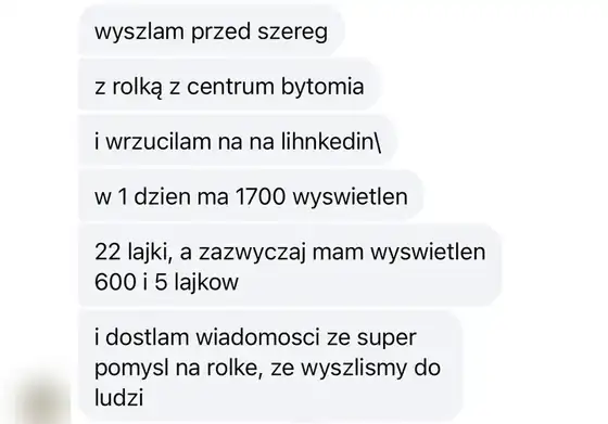Wiadomość od klientki: rolka na LinkedIn 1700 wyświetleń w jeden dzień
