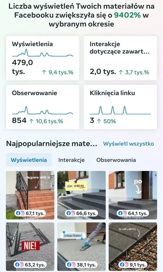Statystyki Facebooka firmy posadzkarskiej: 479 tys. wyświetleń